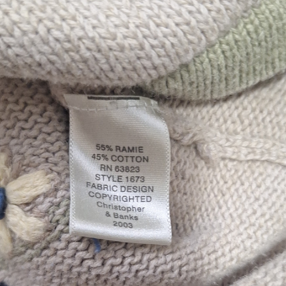 Christopher & Banks Embroidered Winter Bird Cardigan - Tan Sage Green Trim-L - Picture 4 of 6